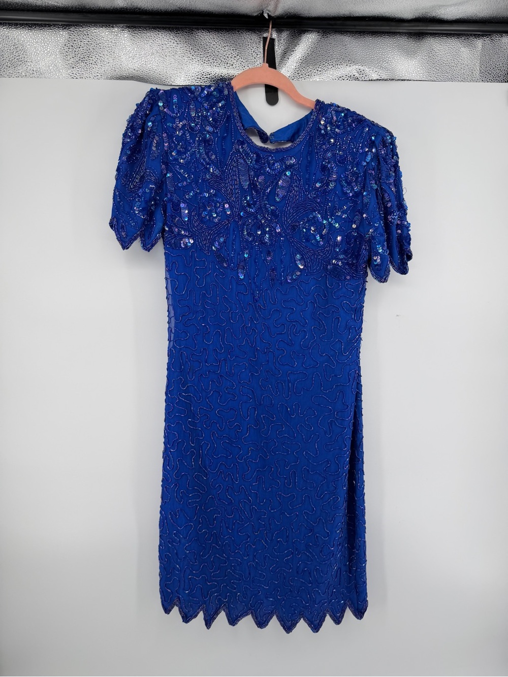 Vtg Sweelo Mob Wife Art Deco‎ Royal Cobalt Blue Beaded Sequin Silk Dress M